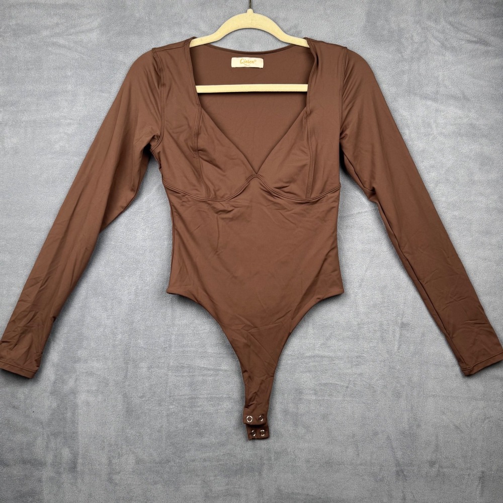 Qinsen Brown Long Sleeve Sweetheart Neckline Thong‎ Bodysuit Women Size M